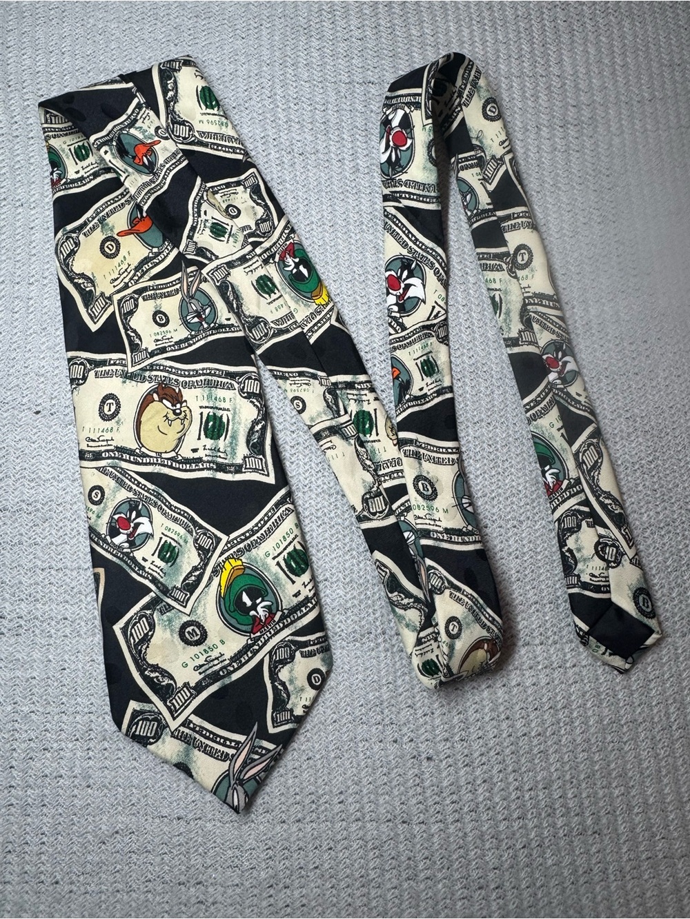 Warner Bros. Black Novelty Tie with Money and Cartoon Character Accents